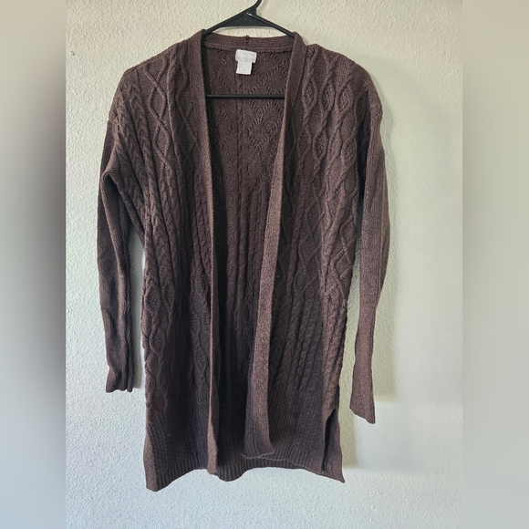 Chico's Cardigan Women SP Brown Long Sleeve Cable Knit Open Wool Cashmere - Picture 2 of 14